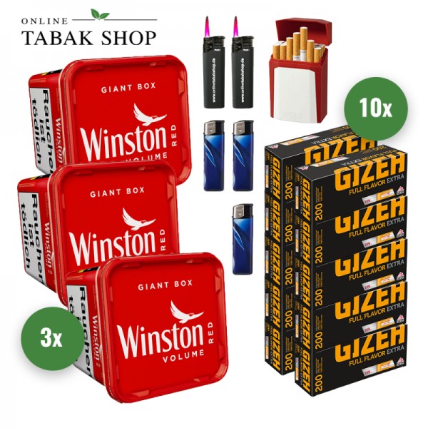 Winston Red Tabak (3 x 180g) + 2.000 Gizeh Full Flavor Extra Hülsen + 3 Feuerzeuge + 2 Sturmfeuerzeuge + 1 Gizeh Etui