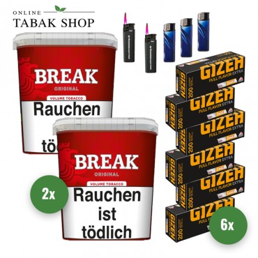 Break Original Tabak (2 x 195g) + 1.200 Gizeh Full Flavor Extra Hülsen + 3 Feuerzeuge + 2 Sturmfeuerzeuge