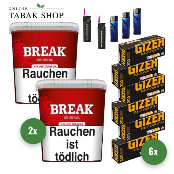Break Original Tabak (2 x 195g) + 1.200 Gizeh Full Flavor Extra Hülsen + 3 Feuerzeuge + 2 Sturmfeuerzeuge