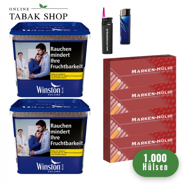 Winston Blue (2 x 180g) + 1.000 Hülsen + 1 Sturmfeuerzeug + 1 Feuerzeug