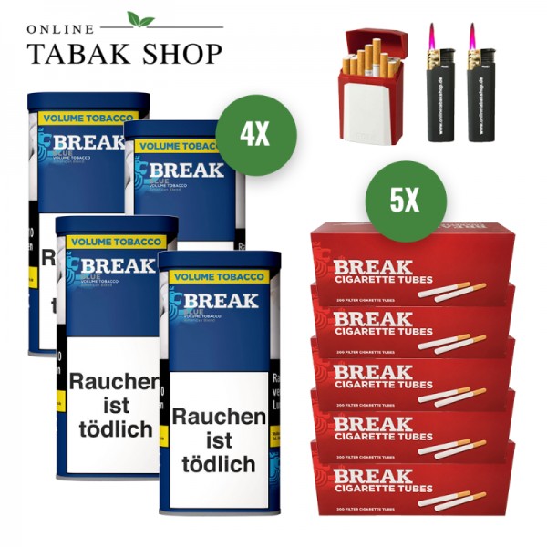 Break Blue Volumentabak (4 x 85g) + 1.000 Break Hülsen + 2 Sturmfeuerzeuge + 1 Gizeh Etui