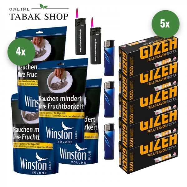 Winston Blue Volumentabak (4 x 105g) + 1.000 Gizeh Full Flavor Extra Hülsen + 3 Feuerzeuge + 2 Sturmfeuerzeuge