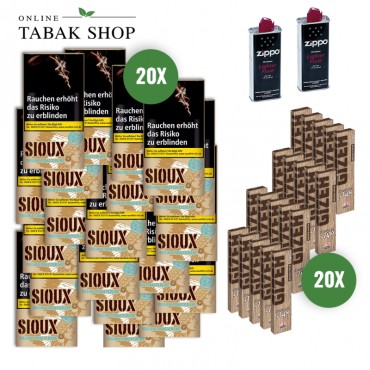 Sioux Virginia Blue Tabak (20 x 30g) + GIZEH Brown King Size Slim & Tips (20 x 34er) + 2 Zippo Benzin