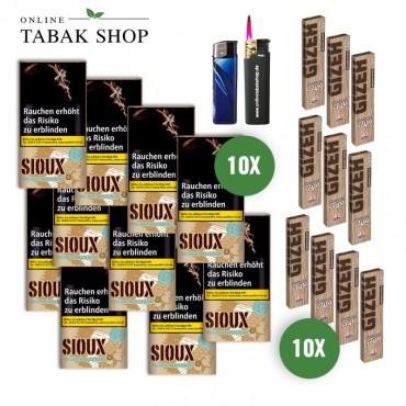 Sioux Virginia Blue Tabak (10x 30g) + GIZEH Brown King Size Slim&Tips (10 x 34er) + 1 Sturmfeuerzeug, 1 Feuerzeug