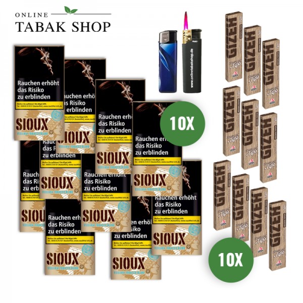 Sioux Virginia Blue Tabak (10x 30g) + GIZEH Brown King Size Slim&Tips (10 x 34er) + 1 Sturmfeuerzeug, 1 Feuerzeug
