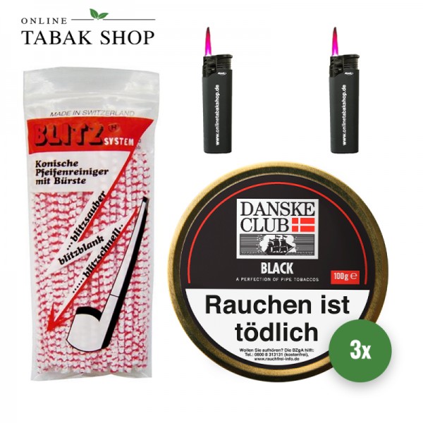 Danske Club Black Pfeifentabak (3 x 100g) + 80 Blitz Pfeifenreiniger + 2 Sturmfeuerzeuge