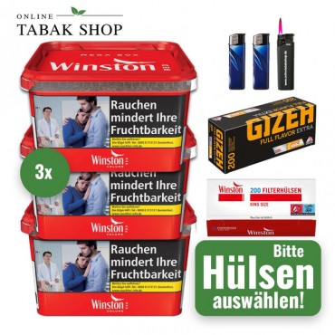 Winston Tabak Rot (3 x 125g) + 1.000 Hülsen (wählbar) + 2 Feuerzeuge + 1 Sturmfeuerzeug