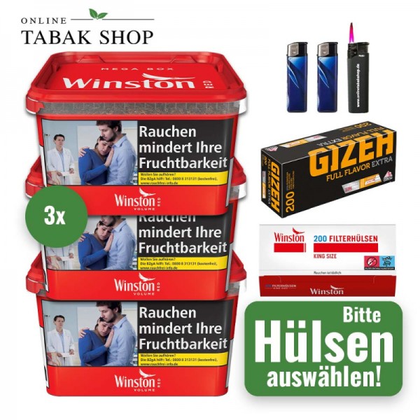 Winston Tabak Rot (3 x 125g) + 1.000 Hülsen (wählbar) + 2 Feuerzeuge + 1 Sturmfeuerzeug