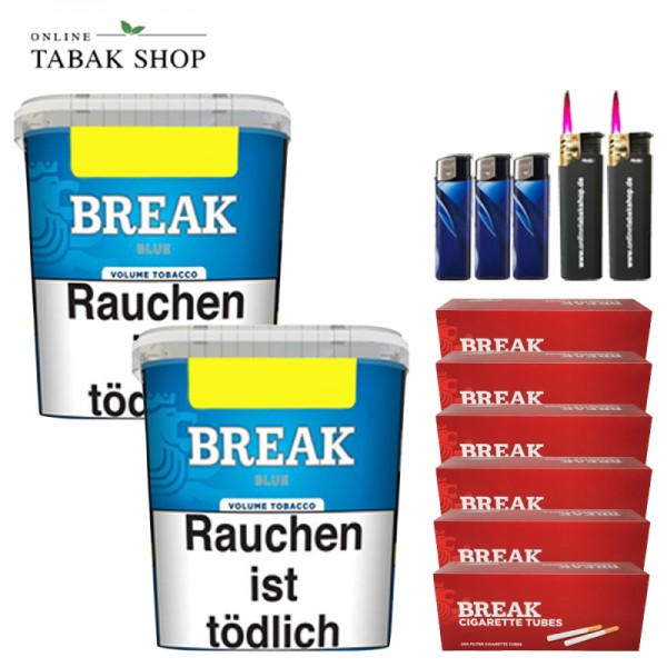 Break Blue Volumentabak (2 x 195g) + 1.200 Break Hülsen + 3 Feuerzeuge + 2 Sturmfeuerzeuge