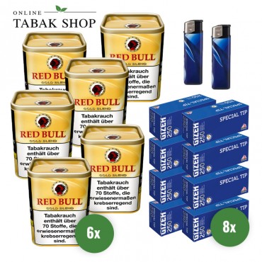 Red Bull Gold Blend Tabak (6 x 120g) + 2.000 Gizeh Special Tip Hülsen + 2 Feuerzeuge