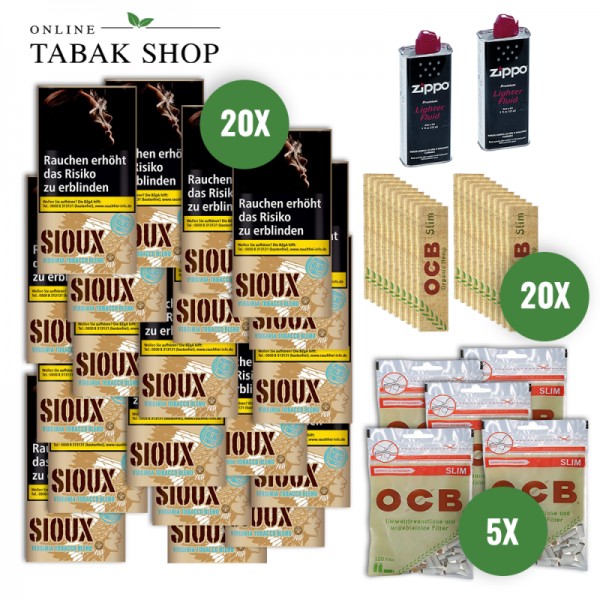 Sioux Virginia Blue (20x 30g)+OCB Organic Hemp Slim (20x 32er)+OCB Organic Slim Filter (5x 120er)+2 Zippo Benzin