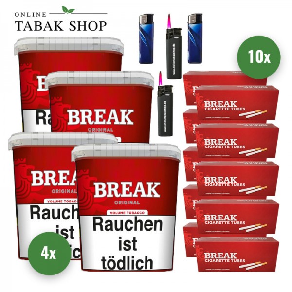 Break Original Volumentabak (4 x 195g) + 2.000 Break Hülsen + 2 Feuerzeuge + 2 Sturmfeuerzeuge
