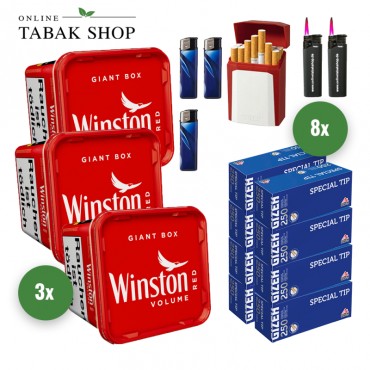 Winston Red Volumen Tabak (3 x 180g) + 2.000 Gizeh Special Tip Hülsen + 3 Feuerzeuge + 2 Sturmfeuerzeuge + 1 Gizeh Etui