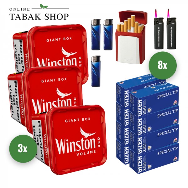 Winston Red Volumen Tabak (3 x 180g) + 2.000 Gizeh Special Tip Hülsen + 3 Feuerzeuge + 2 Sturmfeuerzeuge + 1 Gizeh Etui