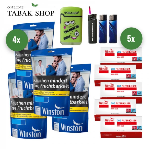 Winston Blue Volumentabak (4 x 105g) + 1 Sturmfeuerzeug + 2 Feuerzeuge + 1 TobaliQ Happy Smile Feuerzeug