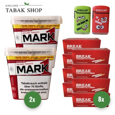 Mark Adams No.1 Volumentabak (2 x 400g) + 1.600 Hülsen (Auswahl beachten) + 2 TobaliQ Happy Smile Motiv Feuerzeuge