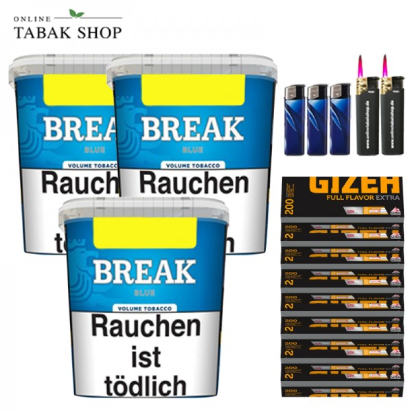 Break Blue Tabak (3 x 195g) + 1.600 Gizeh Full Flavor Extra Hülsen + 3 Feuerzeuge + 2 Sturmfeuerzeuge