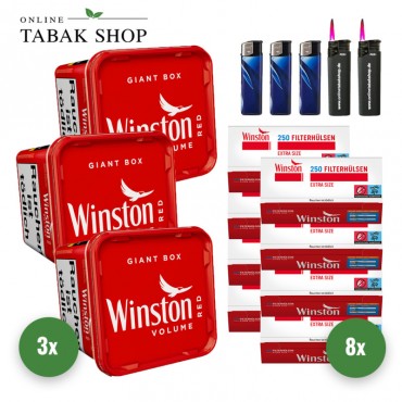 Winston Red Volumen Tabak (3 x 180g) + 2.000 Winston Extra Hülsen + 3 Feuerzeuge + 2 Sturmfeuerzeuge