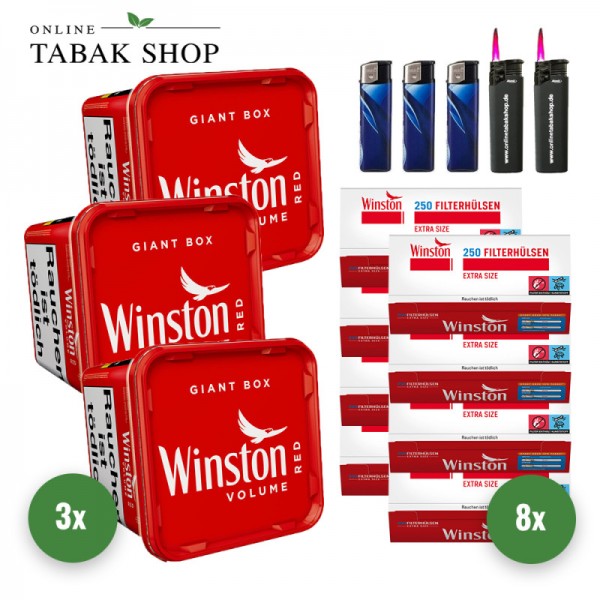 Winston Red Volumen Tabak (3 x 180g) + 2.000 Winston Extra Hülsen + 3 Feuerzeuge + 2 Sturmfeuerzeuge