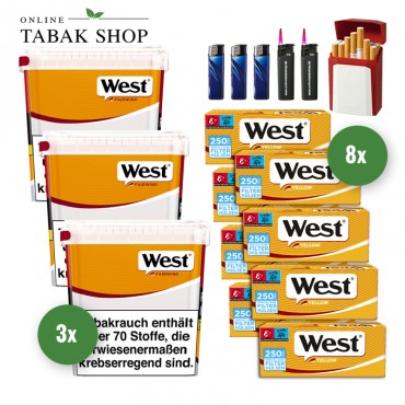 West Yellow Volumen Tabak (3 x 235g) + 2.000 West Yellow EXTRA Hülsen + 2 Sturmfeuerzeuge + 3 Feuerzeuge + 1 GIZEH Etui