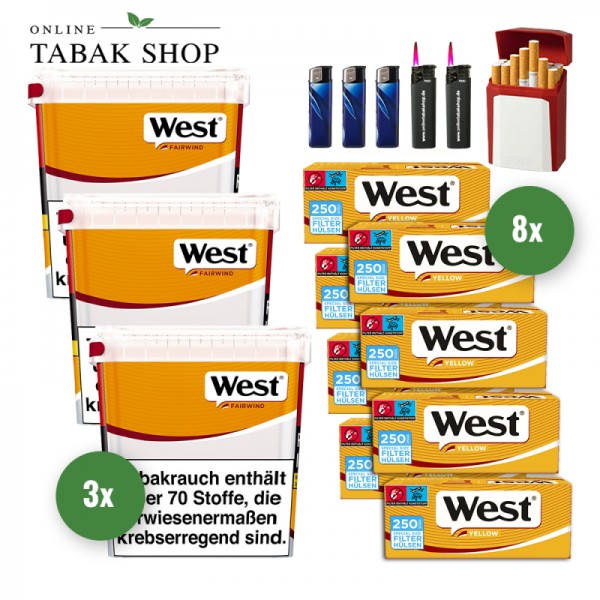 West Yellow Volumen Tabak (3 x 235g) + 2.000 West Yellow EXTRA Hülsen + 2 Sturmfeuerzeuge + 3 Feuerzeuge + 1 GIZEH Etui