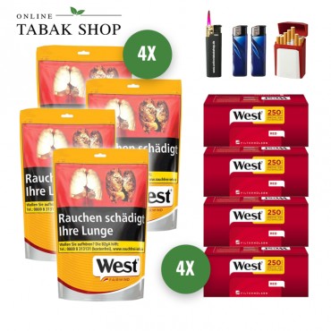 West Yellow Tabak (4 x 93g) + 1.000 West Red EXTRA Hülsen + 2 Feuerzeuge + 1 Sturmfeuerzeug + 1 GIZEH Etui