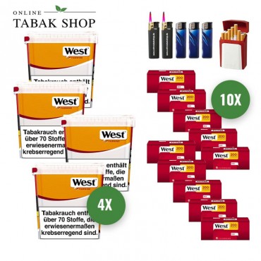 West Yellow Volumen Tabak (4 x 235g) + 2.000 West Red Hülsen + 2 Sturmfeuerzeuge + 3 Feuerzeuge + 1 GIZEH Etui