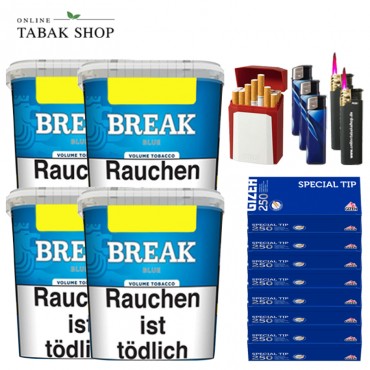 Break Blue Volumentabak (4 x 195g) + 2.000 Gizeh Special Tip Hülsen + 3 Feuerzeuge + 2 Sturmfeuerzeuge + 1 Gizeh Etui