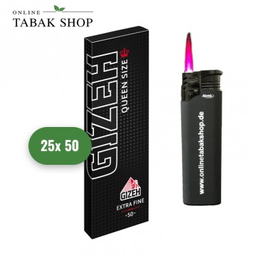 GIZEH Black Queen Size (25 x 50er) Blättchen/Zigarettenpapier + 1 Sturmfeuerzeug