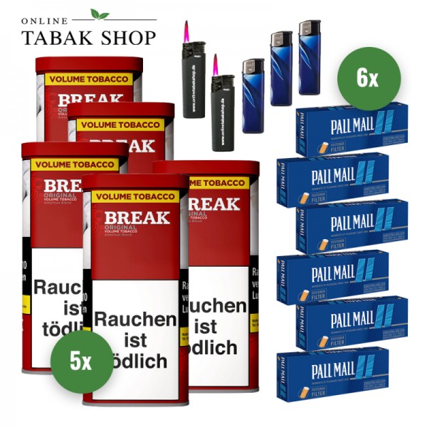 BREAK Original Tabak (5 x 85g) + 1.200 PALL MALL Blue Hülsen + 2 Sturmfeuerzeuge + 3 Feuerzeuge