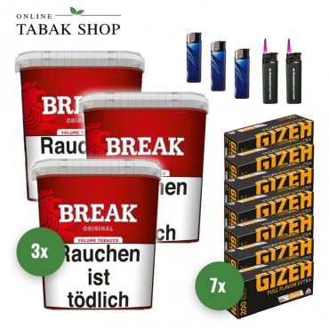 Break Original Tabak (3 x 195g) + 1.400 Gizeh Full Flavor Extra Hülsen + 3 Feuerzeuge + 2 Sturmfeuerzeuge