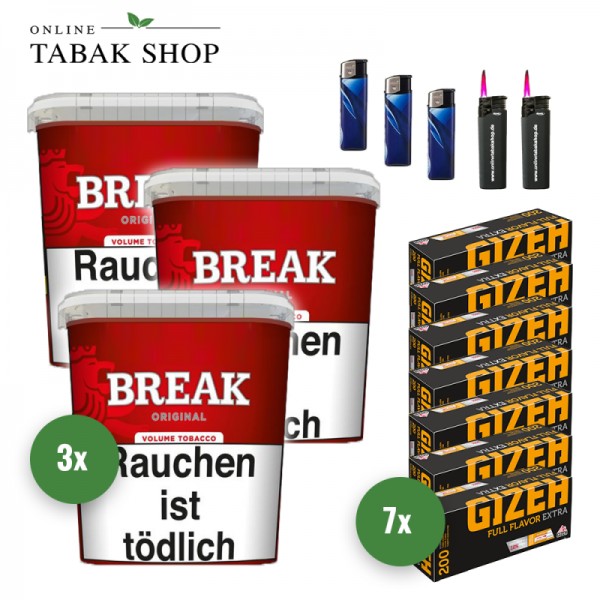 Break Original Tabak (3 x 195g) + 1.400 Gizeh Full Flavor Extra Hülsen + 3 Feuerzeuge + 2 Sturmfeuerzeuge