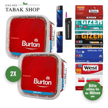 Burton Tabak Red (2 x 270g) + 1.000 Hülsen (wählbar) + 2 Feuerzeuge + 1 Sturmfeuerzeug