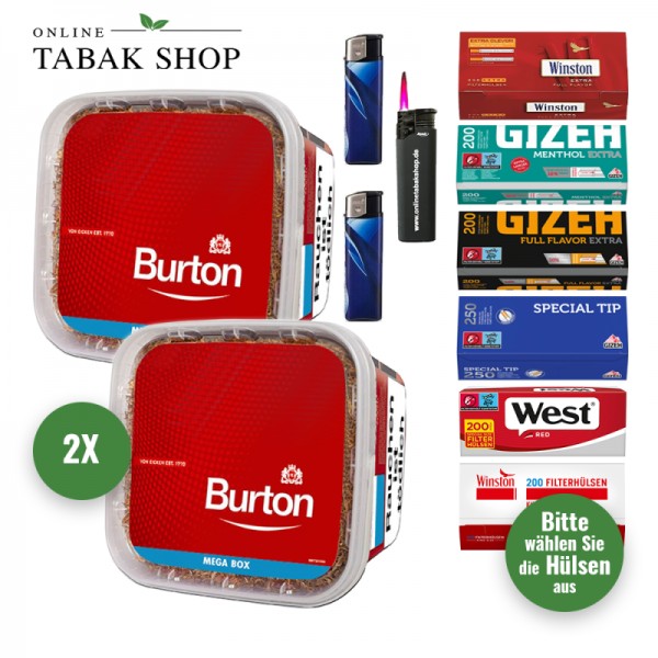 Burton Tabak Red (2 x 270g) + 1.000 Hülsen (wählbar) + 2 Feuerzeuge + 1 Sturmfeuerzeug