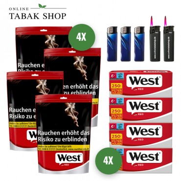West Red Volumen Tabak (4 x 100g) + 1.000 West Red Extra Hülsen + 3 Feuerzeuge + 2 Sturmfeuerzeuge