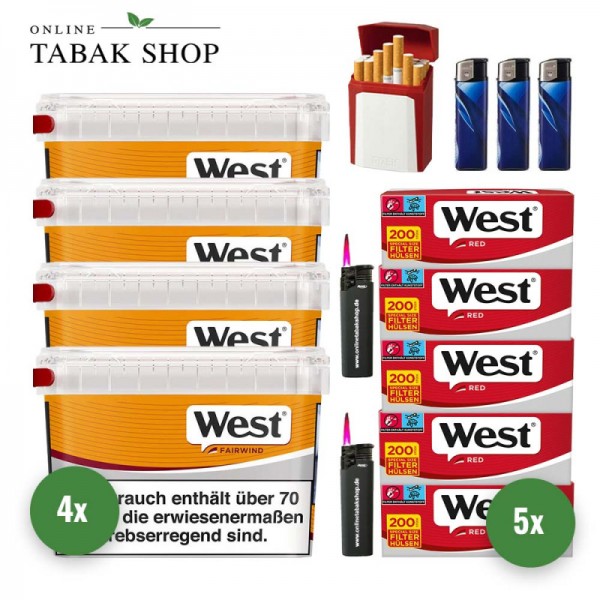 West Yellow Volumentabak (4 x 110g) + 1.000 West Red Hülsen + 3 Feuerzeuge + 2 Sturmfeuerzeuge + 1 GIZEH Etui