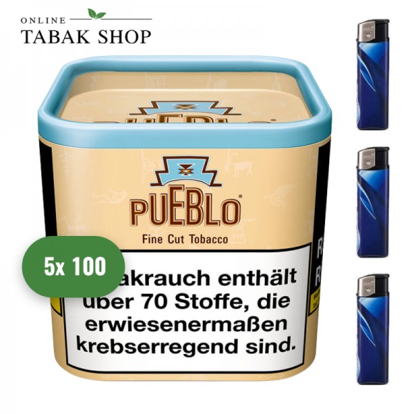 Pueblo Classic Fine Cut Tabak/Drehtabak (5 x 100g) + 3 Feuerzeuge