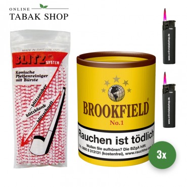 Brookfield No. 1 Pfeifentabak (3 x 200g) + 80 BLITZ Pfeifenreiniger + 2 Sturmfeuerzeuge