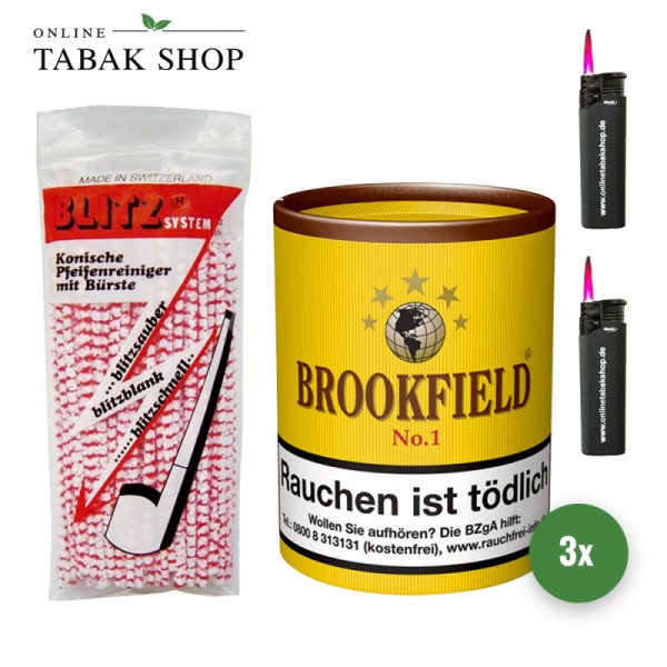 Brookfield No. 1 Pfeifentabak (3 x 200g) + 80 BLITZ Pfeifenreiniger + 2 Sturmfeuerzeuge