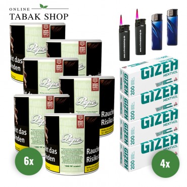 Pepe Bright Green Tabak (6 x 80g) + 800 Gizeh Menthol Hülsen + 2 Feuerzeuge + 2 Sturmfeuerzeuge