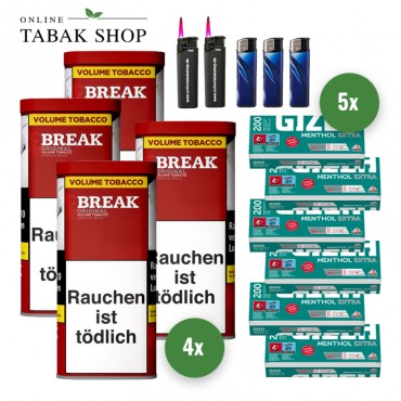 Break Original Tabak (4 x 85g) + 1.000 Gizeh Menthol Extra Hülsen + 1 Sturmfeuerzeug + 2 Feuerzeuge