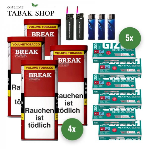 Break Original Tabak (4 x 85g) + 1.000 Gizeh Menthol Extra Hülsen + 1 Sturmfeuerzeug + 2 Feuerzeuge