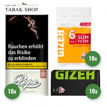 PEPE Fine Green (10x 30g) + GIZEH Black Fine Green Blättchen (10 x 100er) + GIZEH Slim Filter 6mm (10 x 120er)