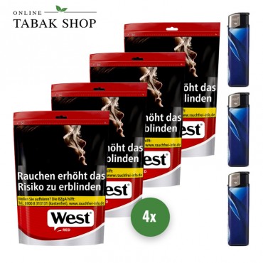 West Red Volumen Tabak (4 x 100g) + 3 Feuerzeuge