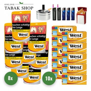 West Yellow Tabak (8 x 93g) + 2.000 West Yellow Hülsen + 3 Feuerzeuge + 2 Sturmfeuerzeuge + 1 GIZEH Etui + Drehascher 9cm