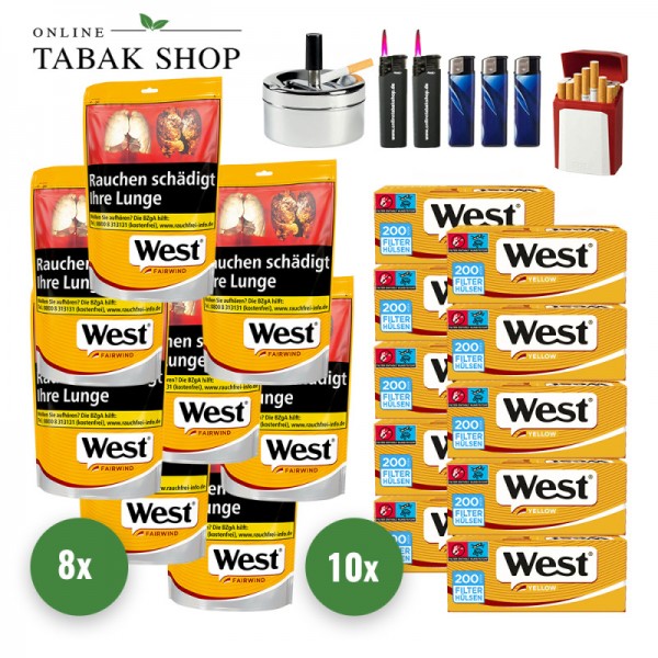West Yellow Tabak (8 x 93g) + 2.000 West Yellow Hülsen + 3 Feuerzeuge + 2 Sturmfeuerzeuge + 1 GIZEH Etui + Drehascher 9cm