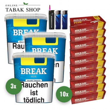Break Blue Volumen Tabak (3 x 195g) + 2.000 Break Plus Hülsen + 2 Feuerzeuge + 1 Sturmfeuerzeug