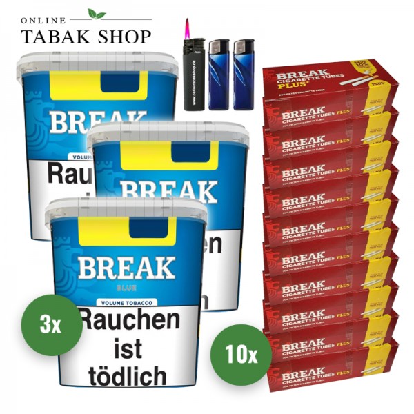 Break Blue Volumen Tabak (3 x 195g) + 2.000 Break Plus Hülsen + 2 Feuerzeuge + 1 Sturmfeuerzeug