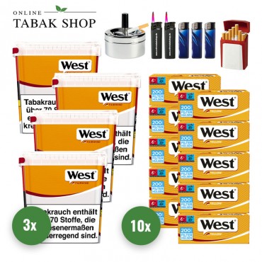 West Yellow Tabak (4 x 235g) + 2.000 West Yellow Hülsen + 2 Sturmfeuerzeuge + 3 Feuerzeuge + 1 Gizeh Etui + 1 Drehascher 9cm