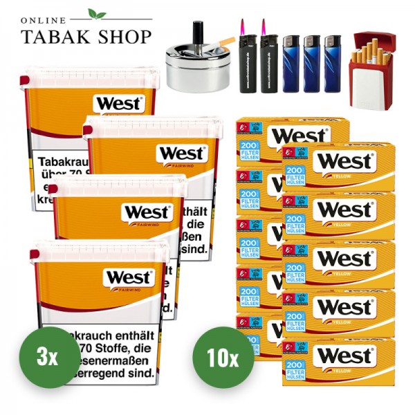 West Yellow Tabak (4 x 235g) + 2.000 West Yellow Hülsen + 2 Sturmfeuerzeuge + 3 Feuerzeuge + 1 Gizeh Etui + 1 Drehascher 9cm